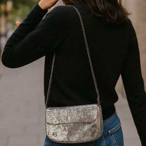 J Crew glitter chain strap handbag/evening bag in gold, magnetic closure.